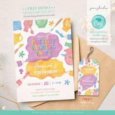 an image of a birthday party card and envelope with free printable tags on it