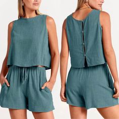 Nwt New Linen Two Piece Solid Set Top Shorts Tie High Waist Adjustable Forest Green Teal Solid Color New With Tags Excellent Condition- No Visible Flaws Roomy & Loose Fit Back Buttons Sleeveless Two Side Pockets Machine Washable 30% Linen 70% Rayon Xs=0,2; S=4,6; M=8,10; L=12; Xl=14,16 Please Comment, If Any Questions Below! Other Listings: Boho, Western Bohemian, Anthropologie, Free People, Johnny Was, Antique, Ancient, Zara, Gypsy, Breeze, Beachy, Indie, Airy, Rockabilly, Comfortable, Lightwei Vacation Tops With Pockets Short Length, Short Length Tops With Pockets For Vacation, Blue Solid Color Shorts For Vacation, Linen Womens Clothes, Blue Shorts For Vacation, Blue Summer Top In Short Length, Summer Blue Top In Short Length, Blue Cropped Bottoms For Vacation, Casual Cropped Shorts For Beach