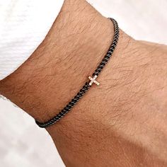 Cross bracelet men. Mens gold bracelet. 18k gold bracelet with diamonds cross. Chain bracelet made of stainless steel ( black PVD ) and 18k gold. You can choose the following options : - size ( we'll add 1cm of chain to desired size. ex: 18+1 cm, 19+1 cm ..) - color of the cross ( rose, yellow or white gold ) Sent with an elegant box and warranty certificate issued by our jewelry. DETAILS : - cross : 18k solid gold - dimension : around 0.6x0.5 cm - diamond : 0,05 ct - color : G - clarity : VVS - Cross Bracelet For Men, Mens Cross Bracelet, Dainty Gold Bracelet, 18k Gold Bracelet, Gold Armband, Mens Crosses, Mens Gold Bracelets, Bracelet Men, Initial Bracelet