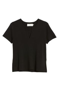 This smooth and lightweight sweater is knit with a split neck and sporty slits at the sides. Split neck Short sleeves Side slits 78% viscose, 22% nylon Dry clean Imported Versatile Solid Color Tops With Split Neck, Versatile Tops With Split Neck In Solid Color, Chic Black Split Neck Top, Chic Viscose Top With Split Neck, Chic Viscose Tops With Split Neck, Sleek Viscose Tops For Fall, Sleek Viscose V-neck Top, V-neck Knit Top With Ribbed Neckline, Sleek Stretch Viscose Tops