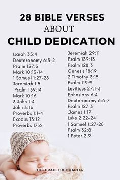 a baby laying on top of a blanket with the words 28 bible verses about child dedication