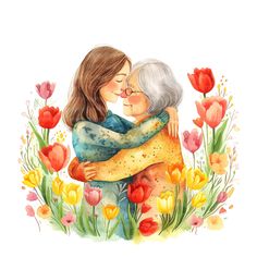 two women hugging each other in front of flowers and tulips on a white background