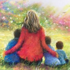 a painting of three children sitting in the grass with their arms around each other as they look at flowers