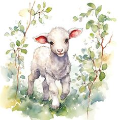 a watercolor painting of a lamb standing in the grass with leaves around it's neck