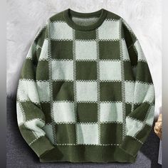 Dark Green And White Plaid Checkered Sweater 100% Polyester Size Small Brand New Matt Sturniolo Wearing Dinosaur Sweater, Mens Sage Green Sweater, Plade Sweater, Sweaters For Fall, Checkered Sweater, Sweaters Men, Grandpa Sweater, Plaid Sweater, Sweater Men