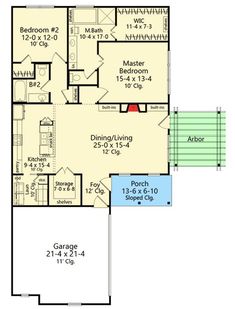 the first floor plan for a home with two master suites and an attached garage area