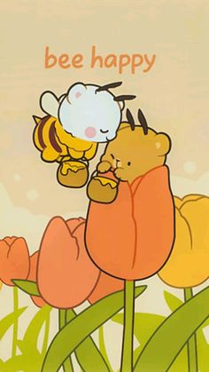 a cartoon bear hugging a bee on top of flowers