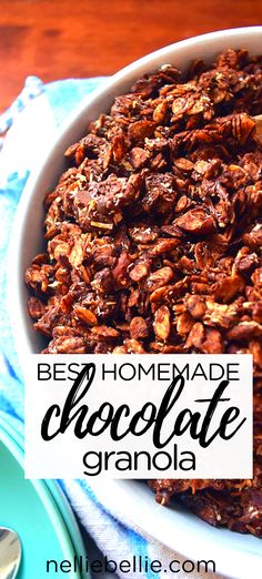 homemade chocolate granola in a white bowl