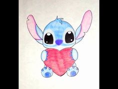 a drawing of a blue and pink stitcher doll holding a heart