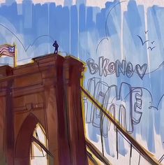 a drawing of a person standing on top of a bridge with an american flag in the background