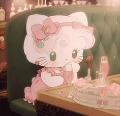 a cartoon cat sitting at a table with wine glasses in front of it and a cake on the table