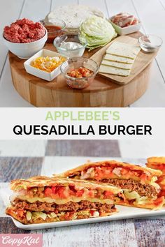 an appetizer with quesadilla burgers on it and the title overlay reads applebee's quesadilla burger