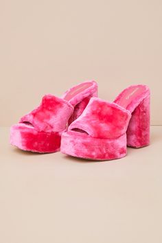 You'll make your stunning presence known the moment you strut in wearing the D'Amelio Footwear Ravina Perfectly Pink Short Faux Fur Platform Sandals! These seriously iconic heels have a fuzzy, short faux fur composition that will lend a super fun element to any night-out look. The eye-catching, slide-on silhouette features a square footbed (atop a 1.75"" toe platform), an extra-wide vamp strap, and a chunky, sky-high block heel that completes the look. 5" block heel. Lightly cushioned insole. Ru Fluffy Platform Sandals, Iconic Heels, Charli And Dixie, Pink Platform Sandals, Faux Fur Heels, Pink Platform Heels, Bright Shoes, Pink Platform, Faux Fur Slides