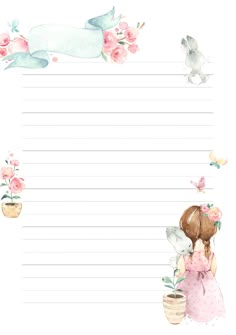 a child's notepad with flowers and bunny on the side, in watercolor