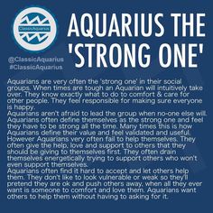 an advertisement with the words aquarius the'strong one'in blue and white