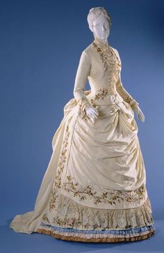 Dress, Wool twill weave with wool and silk embroidery in long and short, satin, stem, and straight stitches and French knots; silk twill weave; lace, 1885 Woman In White, Century Dress, Old Dresses, Philadelphia Museum Of Art