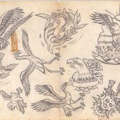 an old book with drawings of birds and flowers on it's cover, including two doves