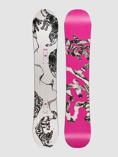 the snowboard is pink and white with black graphics