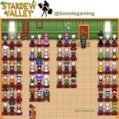 an image of a video game screen with many people in the room and one person standing at