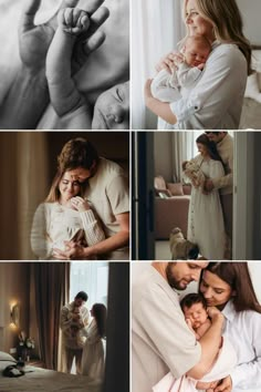 a collage of photos with people and babys in the middle one has their hands on her mother's chest