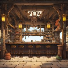 空が見える開放的なバーのカウンター Fantasy Bar Aesthetic, Tavern Layout, Tavern Concept Art, Bar Concept Art, Tavern Drawing, Fantasy Bar, Tavern Interior, Tavern Art, Battle Chasers