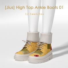 a pair of yellow and green shoes with white socks on the bottom, in front of a white background that says just high top ankle boots 01