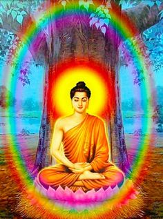 the buddha is sitting in front of a tree with a rainbow colored halo around it