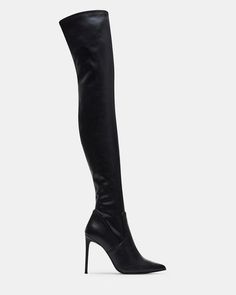 VAVA Black Paris Over The Knee Stiletto Heel Boots | Women's Boots Thigh High Platform Boots For Night Out, Fitted High Cut Boots For Night Out, Sleek Pointed Toe Knee-high Boots For Night Out, Fitted High Cut Heeled Boots For Night Out, Fitted High-cut Heeled Boots For Night Out, Sleek Over-the-knee Party Boots, Edgy High Heel Knee-high Boots, Edgy Knee-high Boots With High Heel, Trendy High Cut Fitted Boots