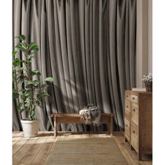 a living room with a couch, rug and window curtain in front of the wall