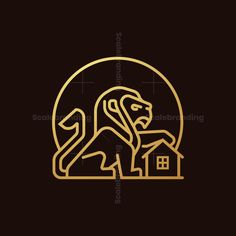 the lion is standing in front of a house