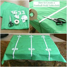 how to create a football field tablecloth with tape and scissors on it for the game