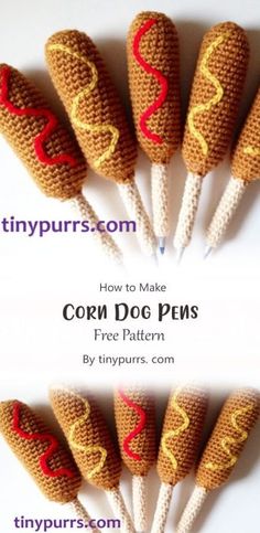 four crocheted toothpicks with the words corn dog pens written on them