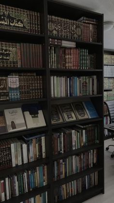 an office with several bookshelves full of books