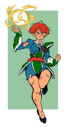 an anime character with red hair and green pants