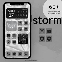 an iphone with the text storm on it and icons displayed in black and white colors