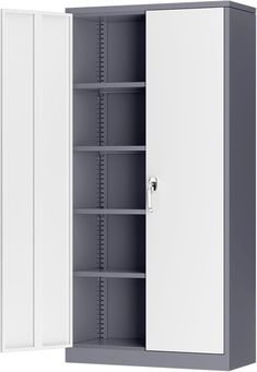 a white and gray cabinet with two doors on each side, one door open to the other