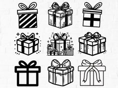 black and white gift boxes with bows, presents and gifts on them are drawn in ink