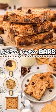 a collage of grano cracker bars with chocolate chips and cookies on top