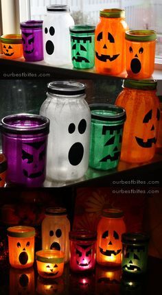 halloween mason jars with faces painted on them