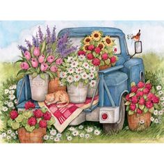 a painting of an old blue truck with flowers and cats in the bed, sitting on a blanket