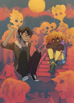 two cartoon characters sitting on steps with skulls in the background