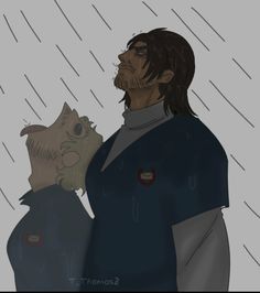 a man and a dog are standing in the rain, one is looking at the other