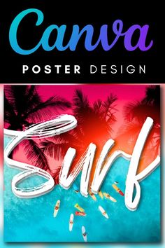 an advertisement for a surf board shop with palm trees and the words poster design surf