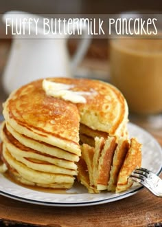 a stack of fluffy buttermilk pancakes on a plate