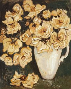 a painting of yellow flowers in a white vase