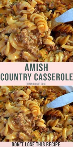 two pictures showing different types of pasta with meat and sauce in it, one has a spoon