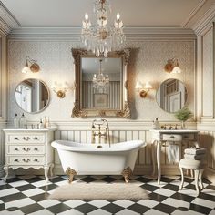 It should feature a white clawfoot bathtub, brass fixtures, and a vintage vanity table. The walls are covered in delicate patterned wallpaper in subtle beige hues. There's a large mirror with an ornate gold frame hanging above the vanity. A crystal chandelier hangs from the ceiling, illuminating the room with soft, warm light. The flooring is in classic black and white checkerboard pattern. This image can serve as inspiration for a bathroom remodel.