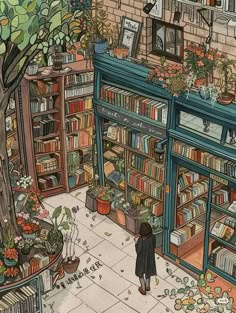 a person standing in front of a bookshelf filled with lots of books and plants