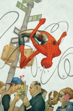 Comic cover art: Spider-Man twirling above the crowd, Julian Totino Tedesco, Image Spiderman, Marvel Superheroes Art, Spiderman Artwork, Amazing Spider Man, Spiderman Comic, Marvel Comics Art, Spiderman Art, Comic Book Artists