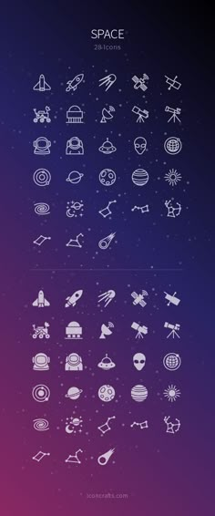 the space icons are shown in white on a purple and blue background